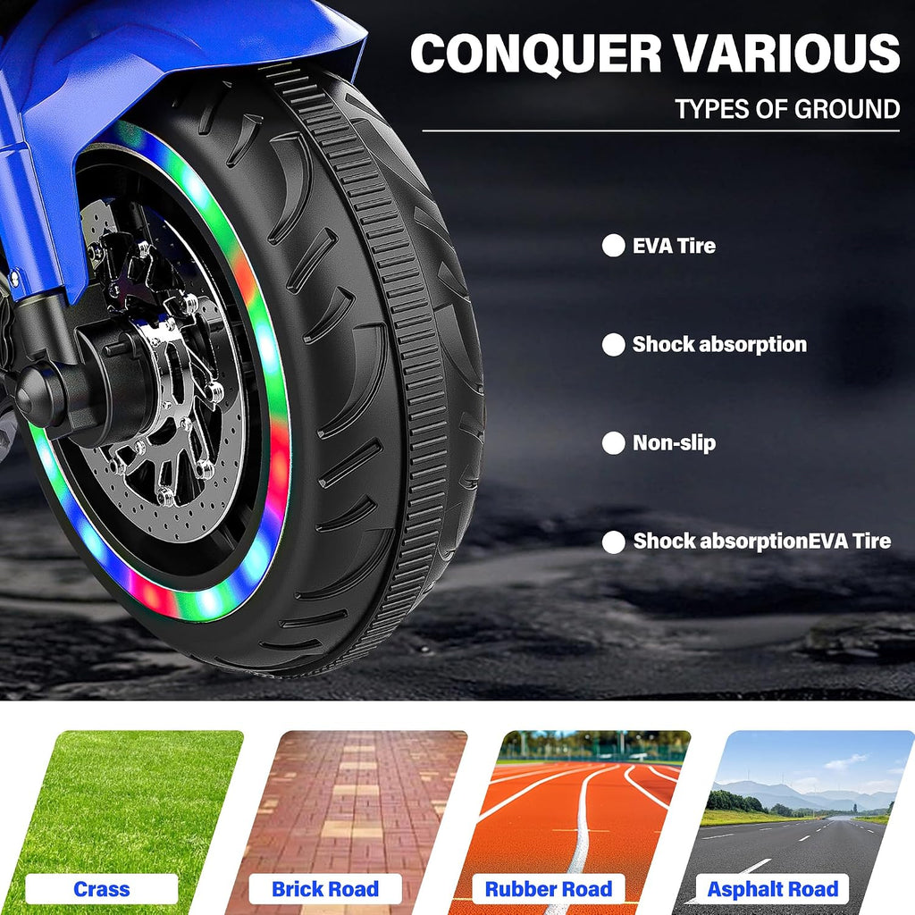 WIIS' IDEA Kids Ride On Motorcycle,12V Electric Battery Powered Ride On Bike,3 Wheels Electric Motorcycle for Kids Ages 3-6 Years with Hand Racing,LED Light-Emitting Tyres,PU seat,Toy Gifts,Blue