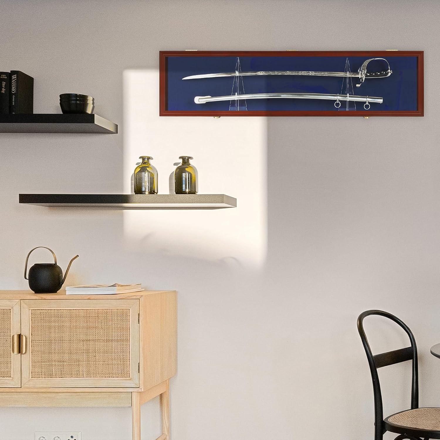 Sword Display Case Cabinet Stand Holder Wall Rack Holds Military Saber or Samurai Sword Lockable UV Protection Door Blue Felt Inside (Mahogany Finish Frame)