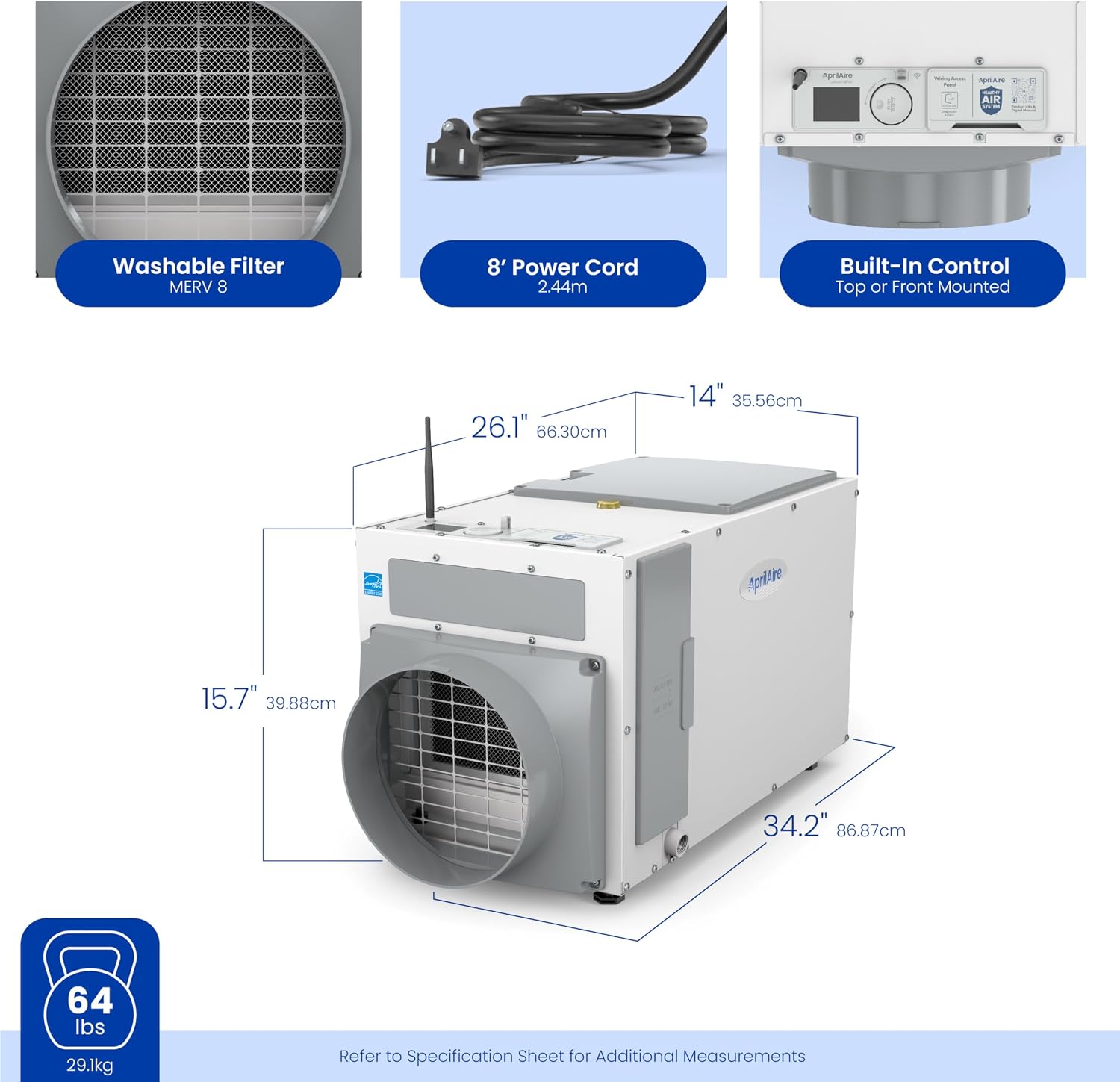 AprilAire E100W Wi-Fi Dehumidifier – 100 PPD for Crawl Spaces, Basements, Whole Houses up to 5,500 Sq. Ft., Part of the AprilAire Healthy Air System