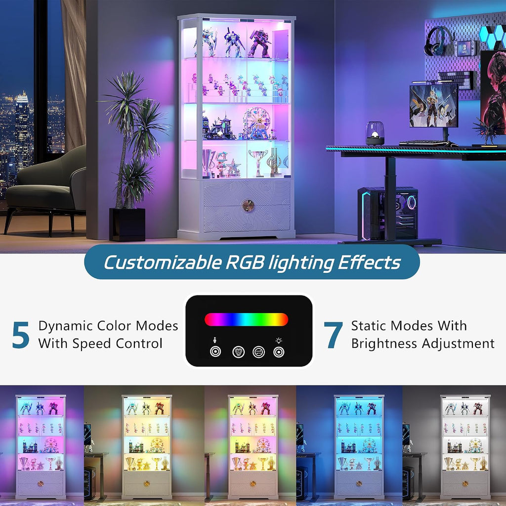 TAGELIER RGB Glass Display Cabinet with Door, 4-Tier Curio Cabinet with 2 Drawers and Adjustable Glass Height Showcase, Display Case with 3 LED Light and Human Body Sensor, White