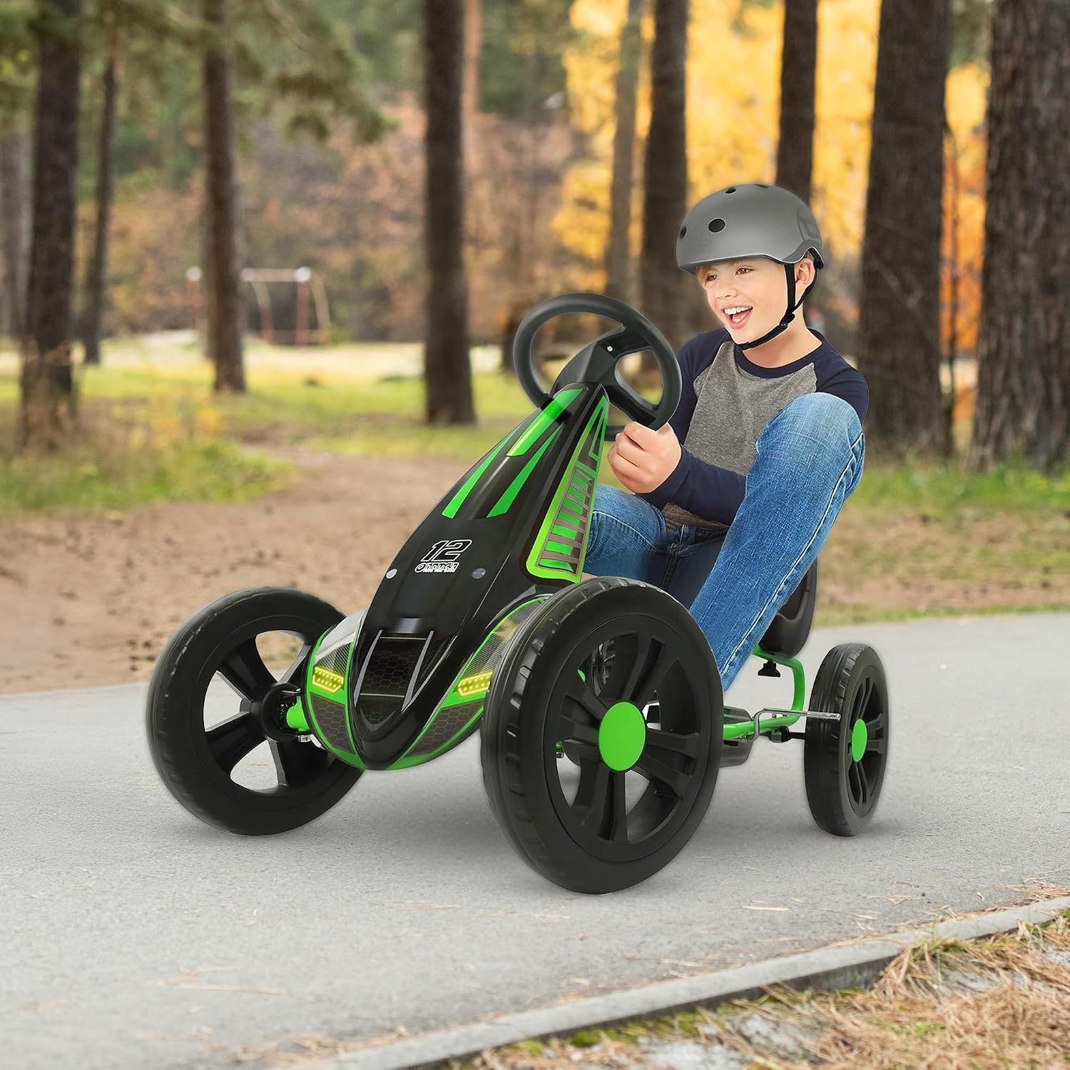 hauck Cyclone Junior Racing Go Kart with 12 Inch Rims, Race Style Pedals, and 8 Ball Brake, Lime Green - Ride On Toy for Kids Ages 4 to 8 Years