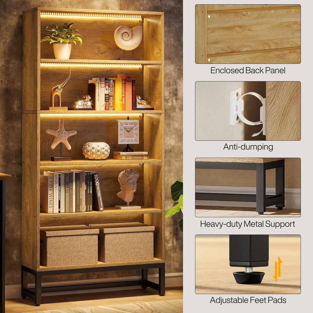 Tribesigns Tall Bookcase and Bookshelf, 70.8' Large Bookcases Organizer with LED Lights, Heavy Duty Free-Standing Library Bookshelf with 5-Tier Storage Shelves for Living Room, Bedroom (Brown)