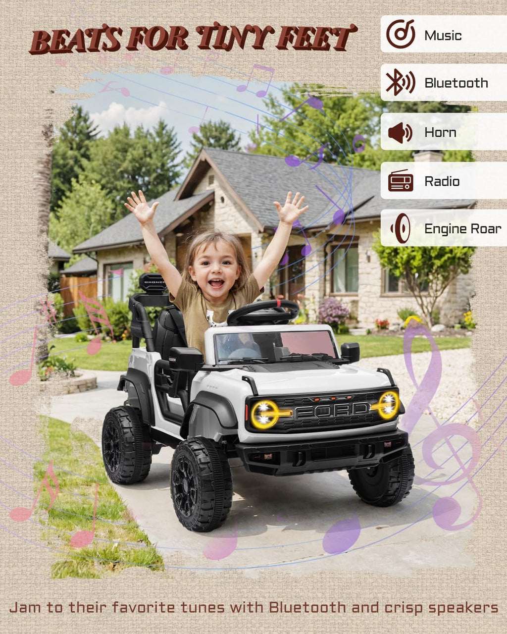 First Ride On Ford Bronco Raptor 12V Toddler Ride on Toys, Safe Kids Ride on Truck with Remote Control, Children Electric Cars with 4 Wheels Suspension, Radio, Music, Bluetooth (12V, White)