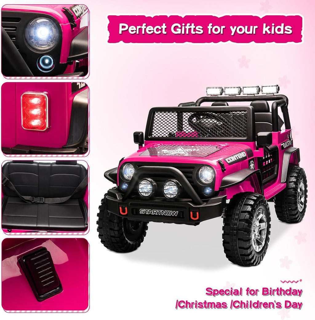 SEHOMY 2 Seater Electric Car for Kids, 12V Ride on Toys Power Wheels with Remote - 3 Speeds, Spring Suspension, 110LB Max, LED Lights, Music, Kids Electric Vehicles Toddler Truck for Boys Girls Pink