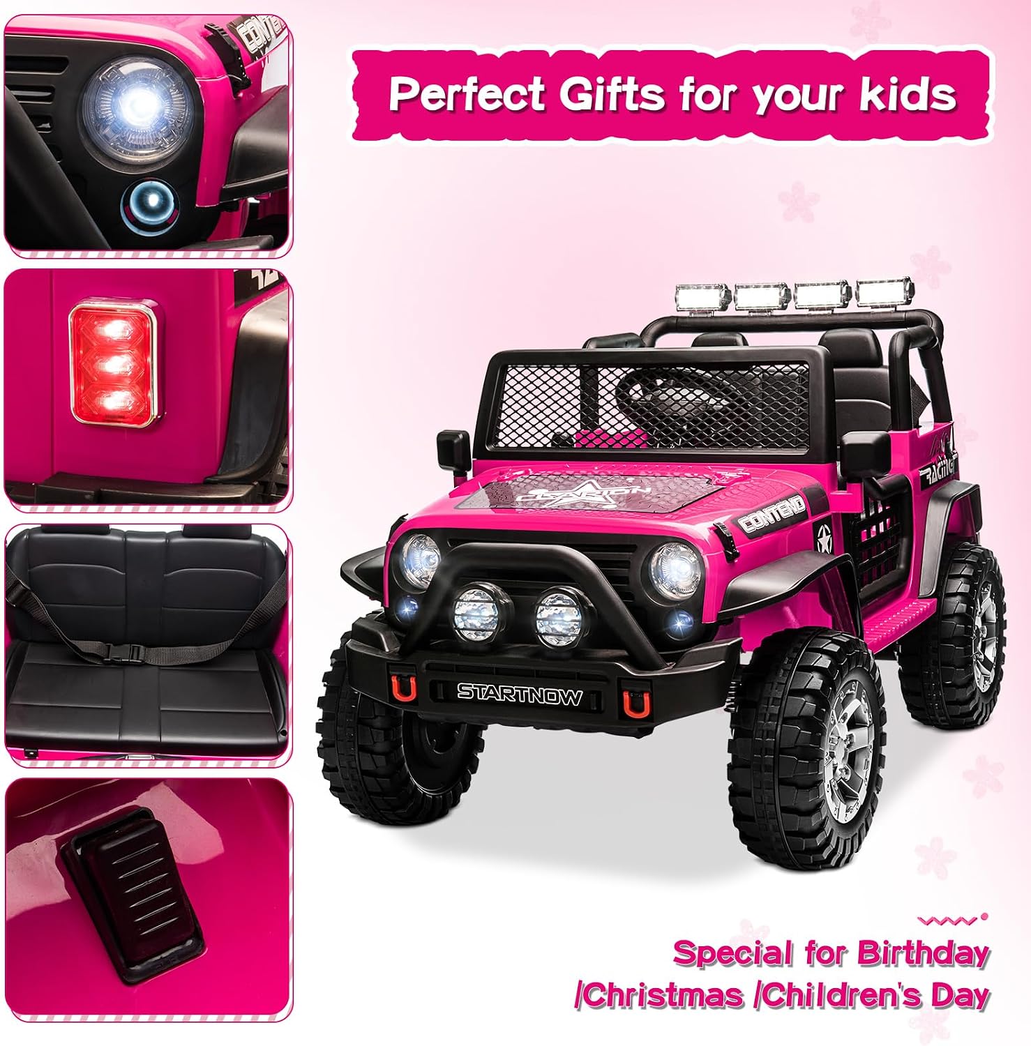 SEHOMY 2 Seater Electric Car for Kids, 12V Ride on Toys Power Wheels with Remote - 3 Speeds, Spring Suspension, 110LB Max, LED Lights, Music, Kids Electric Vehicles Toddler Truck for Boys Girls Pink