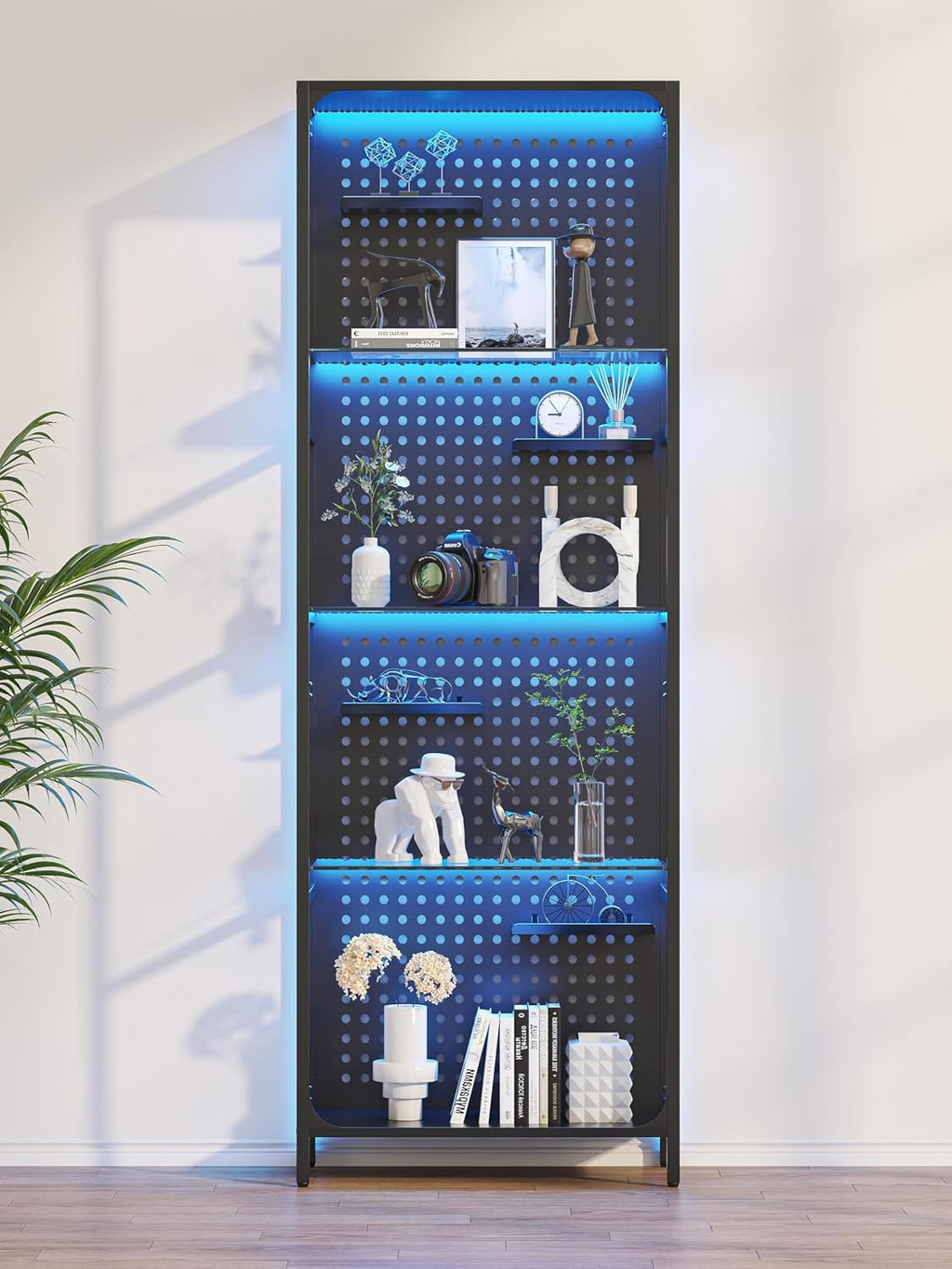 kepptory LED Display Shelf for Collectibles, 4-Tier Glass Shelf with Small Display Shelves and Pegboard Design, Tall Narrow Gaming Shelves with Anti-Tipping Device, Black (65 Inch)