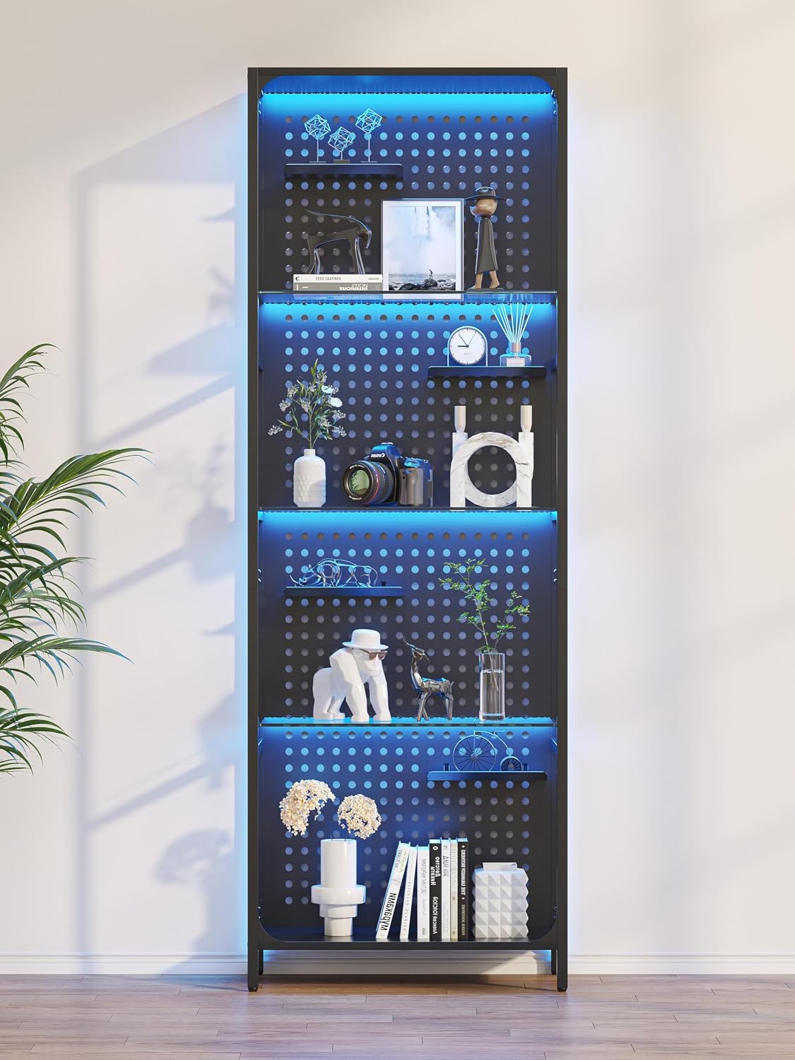 kepptory LED Display Shelf for Collectibles, 4-Tier Glass Shelf with Small Display Shelves and Pegboard Design, Tall Narrow Gaming Shelves with Anti-Tipping Device, Black (65 Inch)