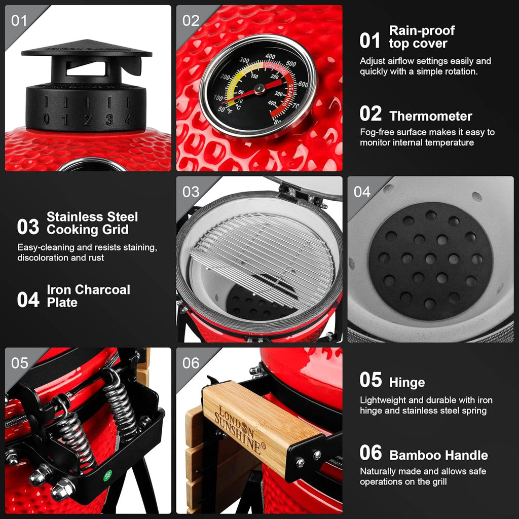 London Sunshine 15-inch Ceramic Kamado Charcoal BBQ Grill & Smoker with Locking Casters, Foldable Side Shelves, Stainless Steel Grates, and Tall Stand (Red)