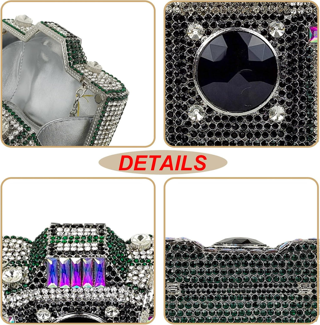 HUANG ZHUANG Cute Camera Shape Crystal Clutch Purse Mini Rhinestone Evening Bag Wedding Handbag Party Women Purse