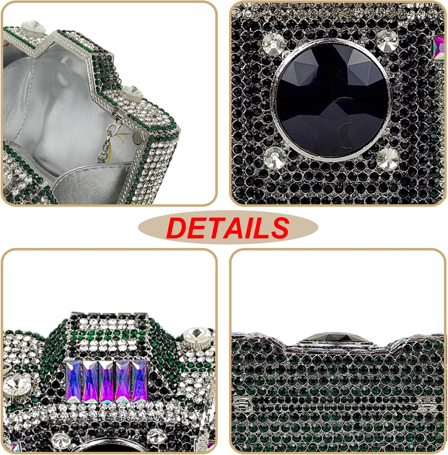 HUANG ZHUANG Cute Camera Shape Crystal Clutch Purse Mini Rhinestone Evening Bag Wedding Handbag Party Women Purse