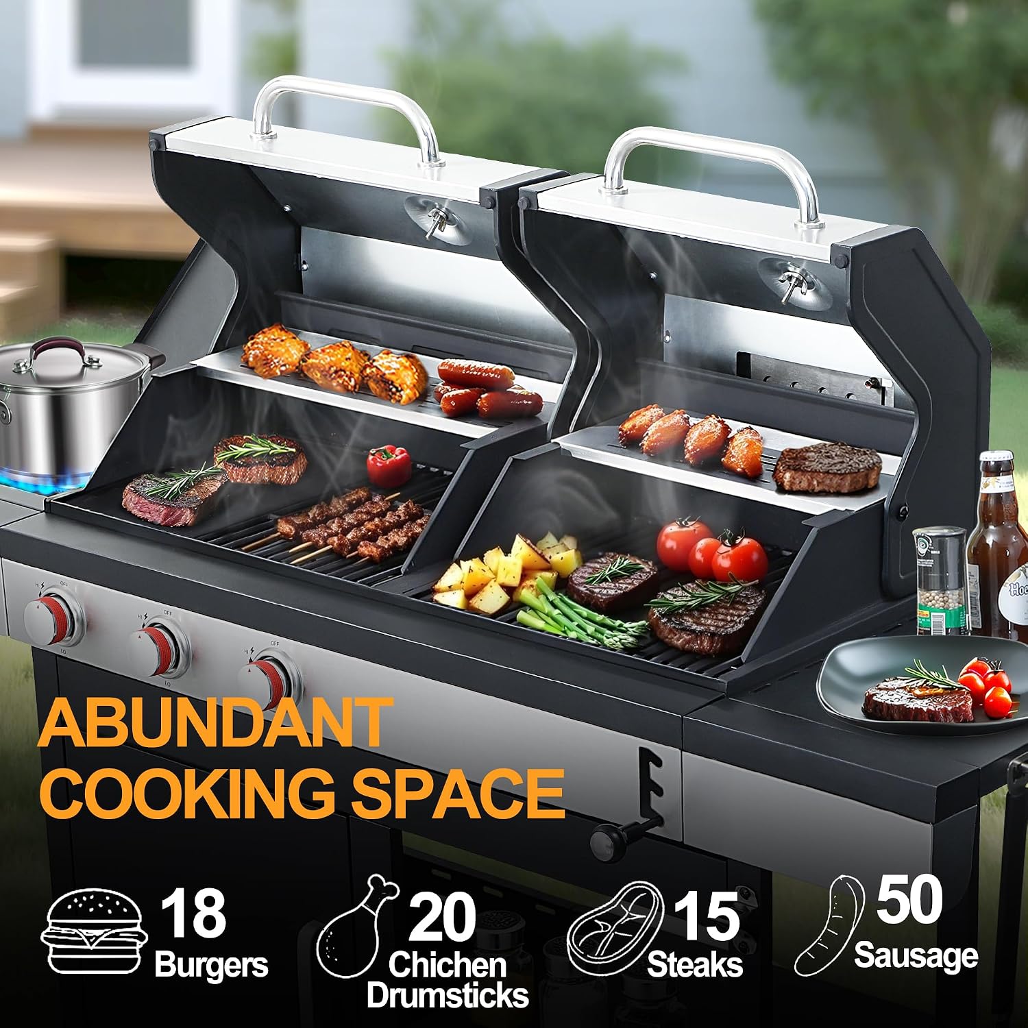 Charcoal and 3-Burner Propane Gas Combo Grill with Side Burner & Porcelain-enameled Cast Iron Grates, Dual Fuel BBQ Combo Grill for Outdoor Cooking