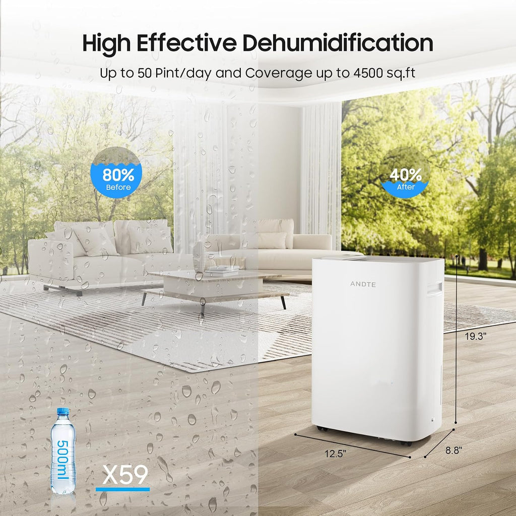4500 Sq.Ft Dehumidifier for Basement with Drain Hose, ANDTE 52 Pints Smart Compressor Dehumidifiers for Home Large Room, Bathroom, Intelligent Humidity Control, Touch Control Panel, Auto Defrost