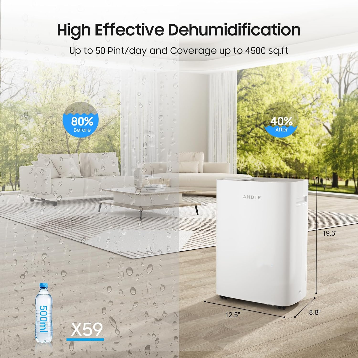 4500 Sq.Ft Dehumidifier for Basement with Drain Hose, ANDTE 52 Pints Smart Compressor Dehumidifiers for Home Large Room, Bathroom, Intelligent Humidity Control, Touch Control Panel, Auto Defrost