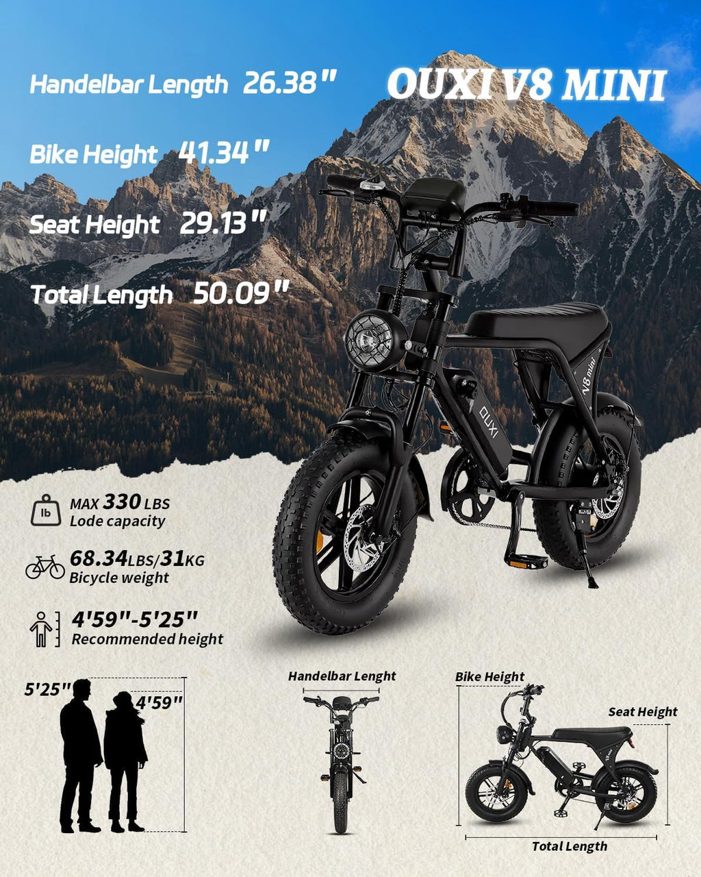 OUXI V8 Series Electric Bike for Adults, Ebike Peak 500W/1000W, 20/31 MPH, 10.4/15/30 AH Removable Battery, 16''/20' Fat Tire Electric Bike, 7-Speed Gear Electric Bicycles, Dual Disc Brakes