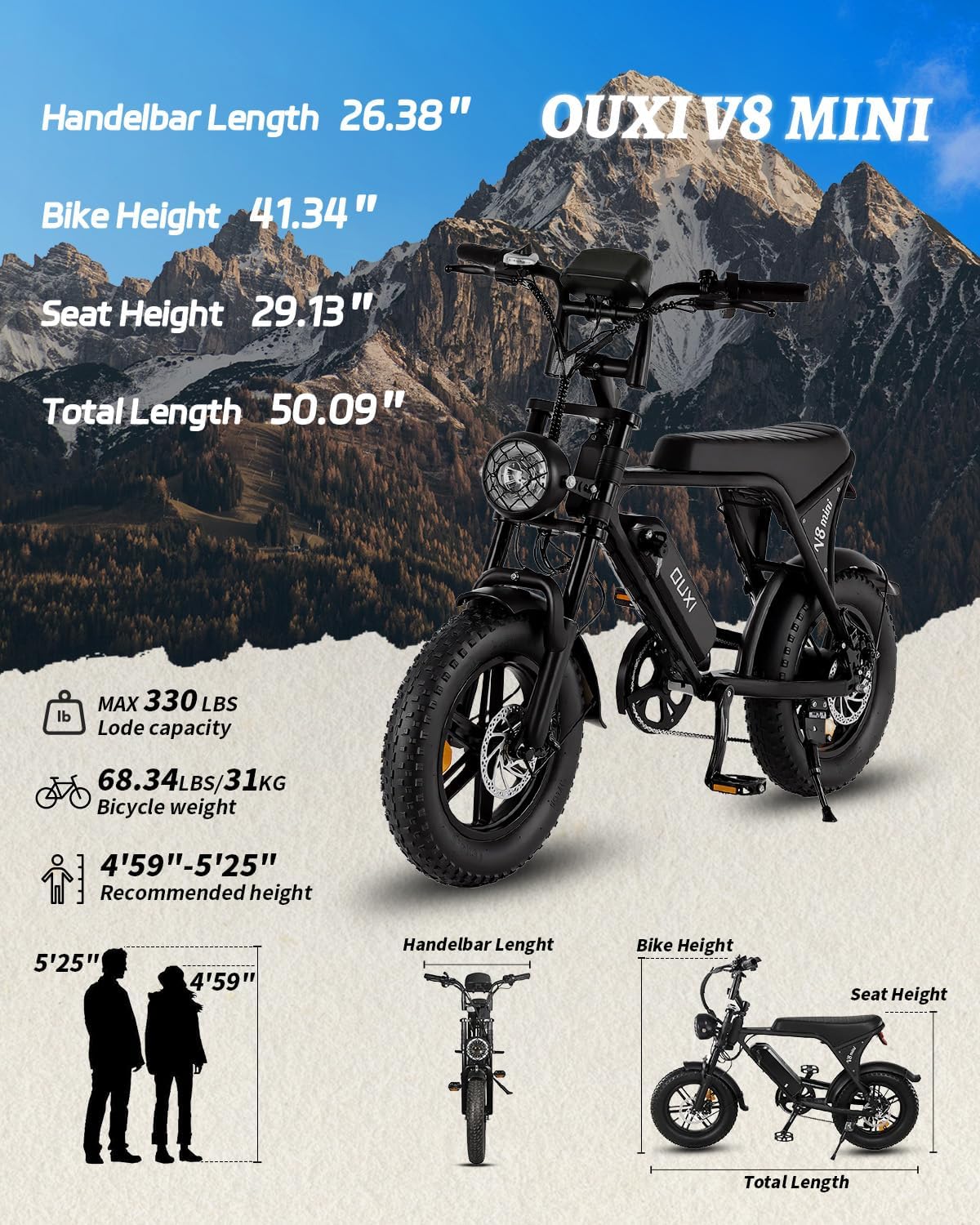OUXI V8 Series Electric Bike for Adults, Ebike Peak 500W/1000W, 20/31 MPH, 10.4/15/30 AH Removable Battery, 16''/20' Fat Tire Electric Bike, 7-Speed Gear Electric Bicycles, Dual Disc Brakes