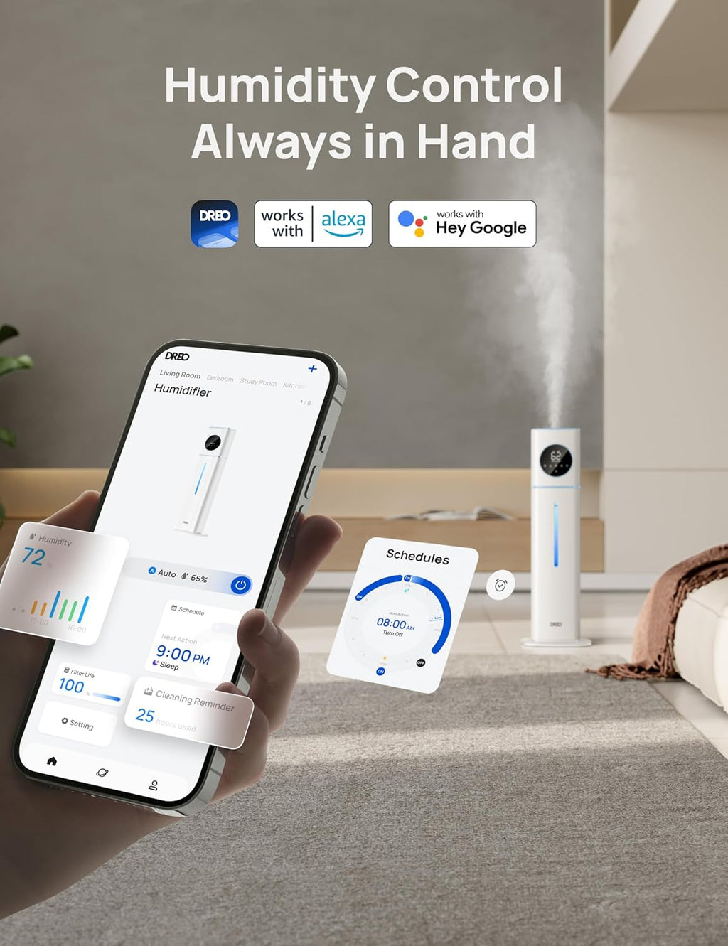 DREO HM735S 11L Smart Humidifier Large Room 700 ft², 100H Cool Mist Air Humidifiers for Bedroom, Top-Fill, Clean Tank Technology, 26dB, Auto Mode, Aroma Box, RGB, Remote & APP Control, Baby, Blue