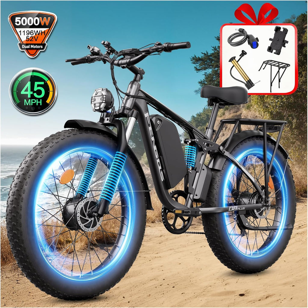 5000W Electric Bike for Adults, 45MPH Dual Motor Ebike 52V 23AH 1196WH E Bike 100 Miles Long Range Bicycle Full Suspension 26' Fat Tire Off Road for Men Dual Hydraulic Disc Brake Ebike