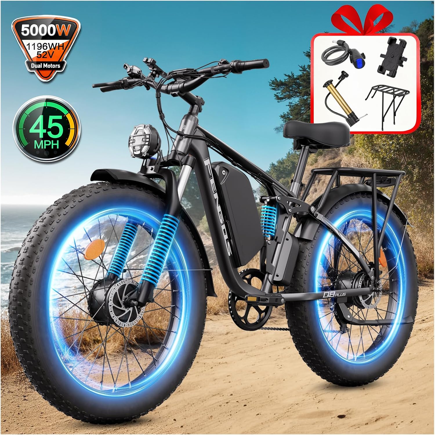 5000W Electric Bike for Adults, 45MPH Dual Motor Ebike 52V 23AH 1196WH E Bike 100 Miles Long Range Bicycle Full Suspension 26' Fat Tire Off Road for Men Dual Hydraulic Disc Brake Ebike