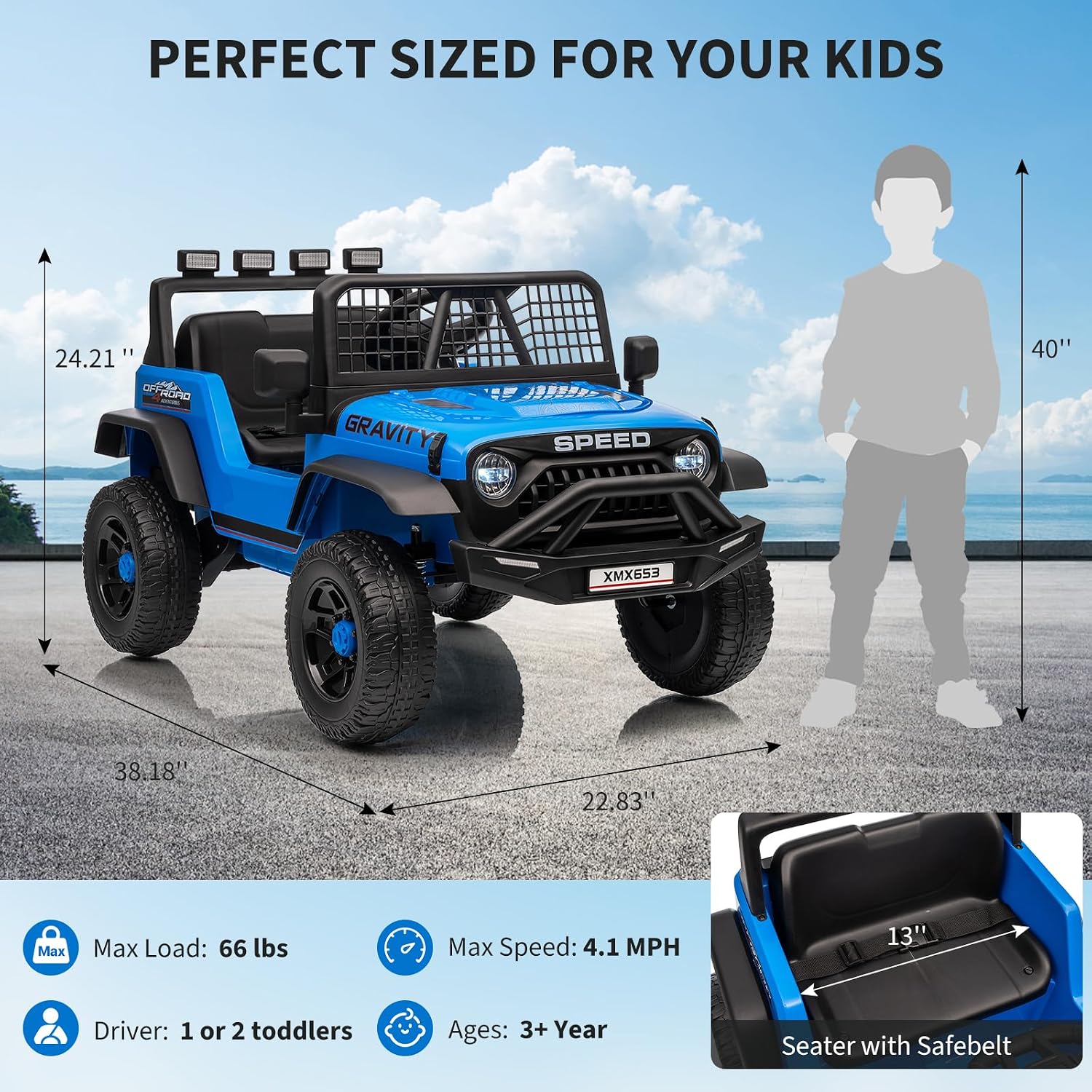 12V Kids Ride on Car Truck, Kids Electric Vehicles Car Ride on Toy Extra Wide Seat and Legroom for Toddlers with Remote Control, 3 Speeds, LED Light, Music, USB for Children 3-6 Years, Blue