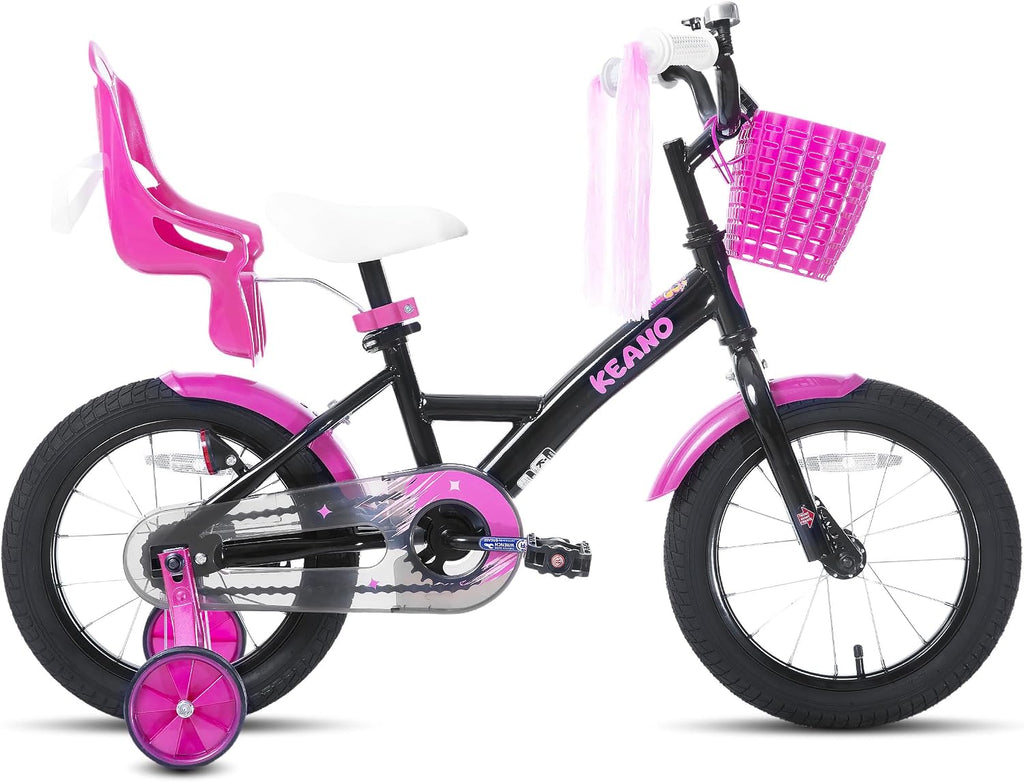 KEANO Zinnia 14 16 20 Inch Kids Bike for Girls Ages 3-10 Years, Girls' Bikes with Training Wheels, Streamers, Basket and Doll Seat, Children Bicycles