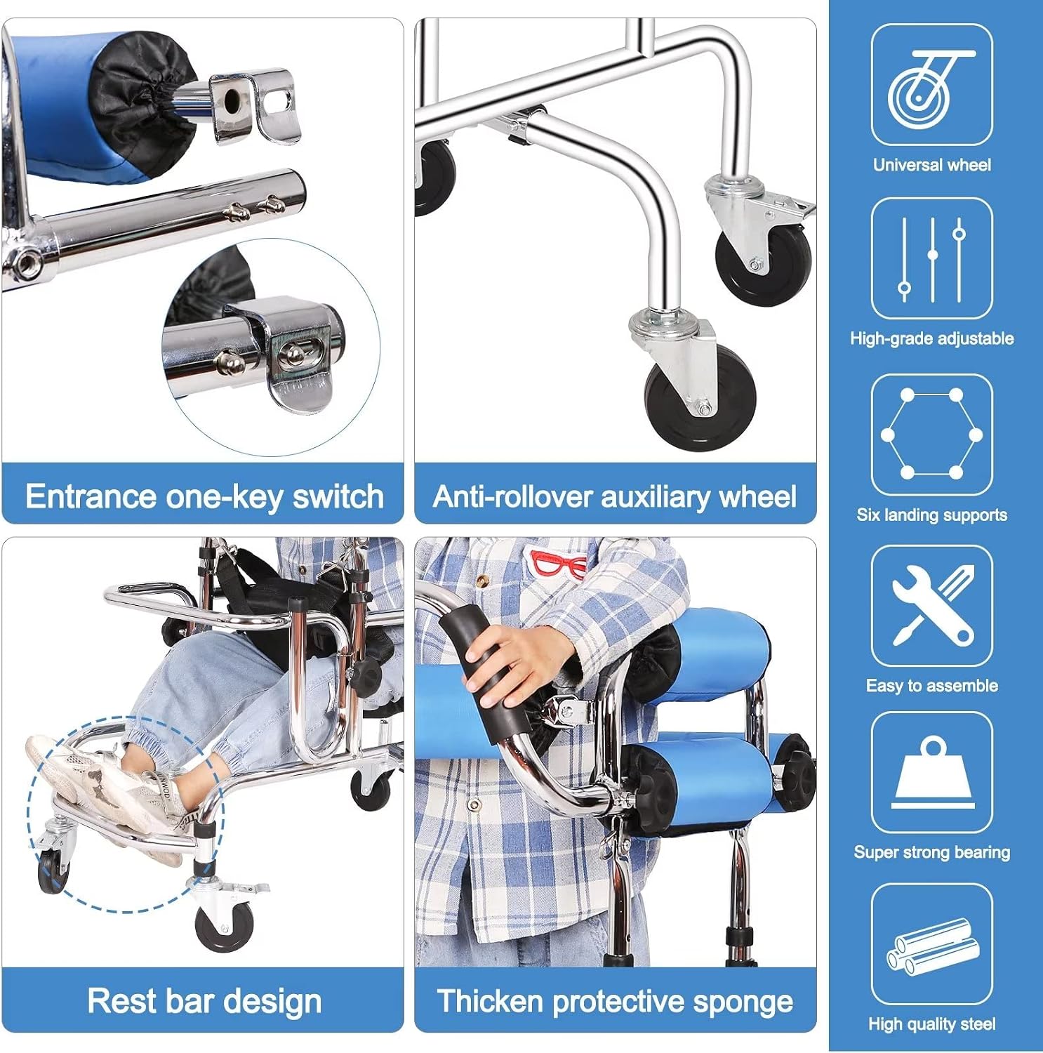 6-Wheels Walkers Disabled Children Cerebral Palsy Disabled Kids Walker, Upgrade Double Cushion Auxiliary Equipment Rehabilitation Standing Walking Aid for Lower Limb Training and Assis
