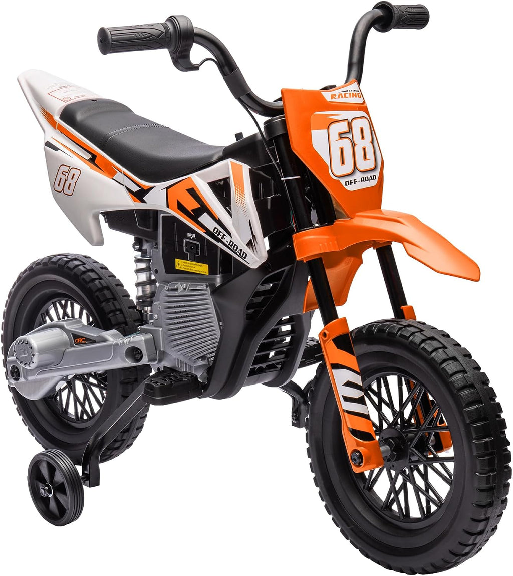 Qaba Kids Dirt Bike with Twist Grip Throttle, 12V Electric Motorcycle, Electric Bike for Toddler with Training Wheels, Spring Suspension & Music, Orange