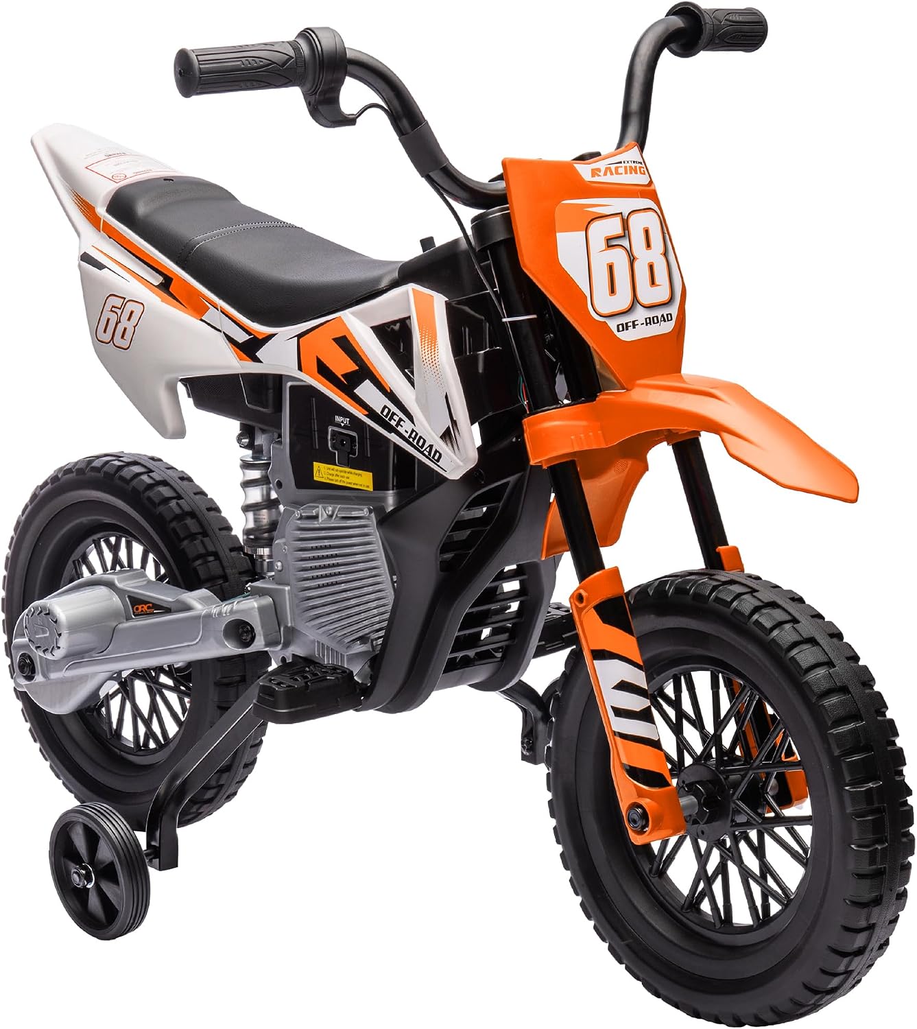 Qaba Kids Dirt Bike with Twist Grip Throttle, 12V Electric Motorcycle, Electric Bike for Toddler with Training Wheels, Spring Suspension & Music, Orange