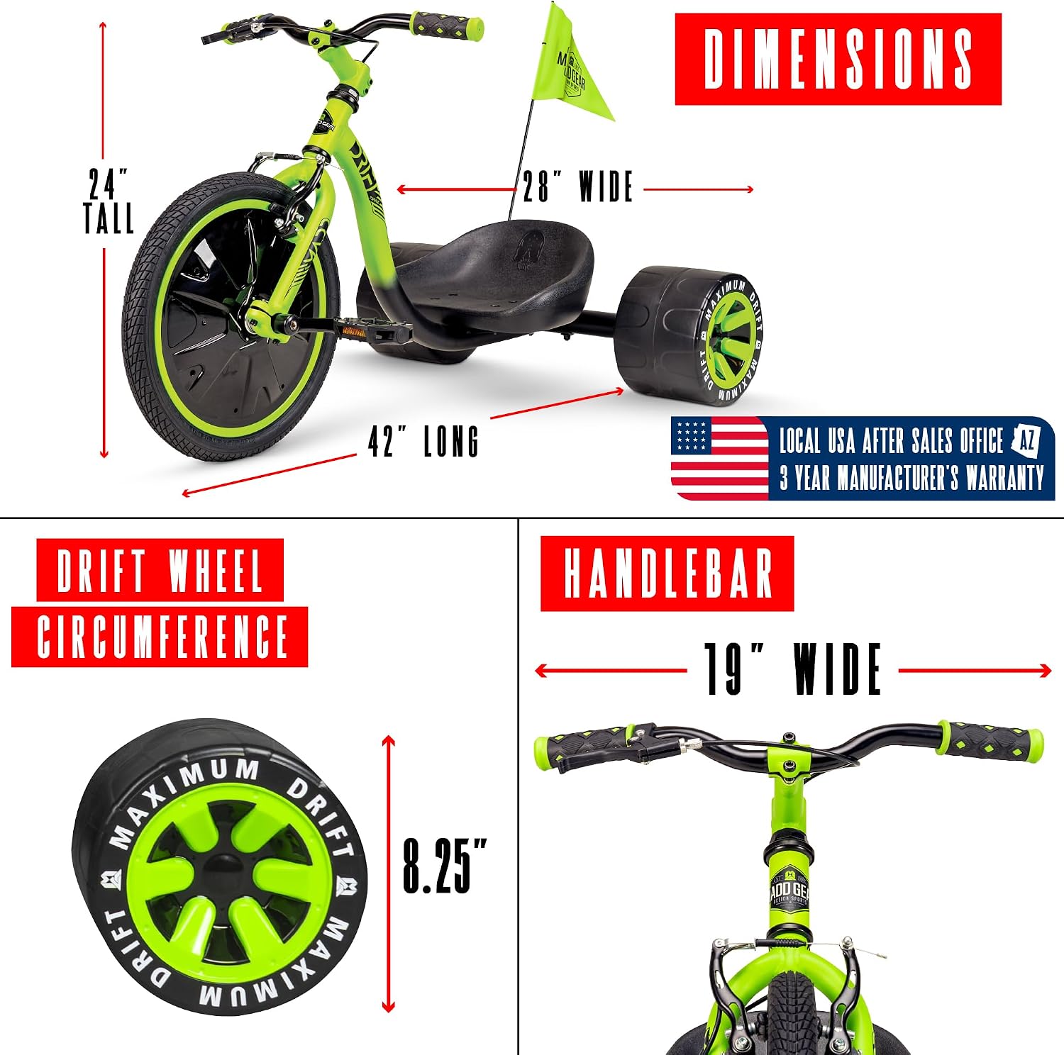 Drift Trike for Kids Ages 5+ – 16' Front Wheel Ride-On with Adjustable Seat, Steel Frame, Rear Slick Drift Wheels & Safety Flag – Madd Gear