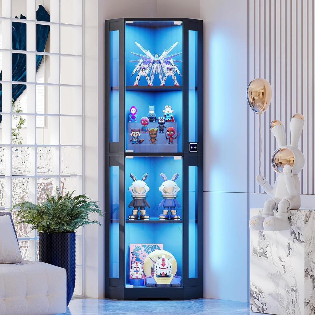 BROTTAR 65' Corner Glass Display Cabinet with LED Lights, 4-Tier Showcase Display Case with Glass Doors & Human Body Sensor for Collectibles, Liquor, Black