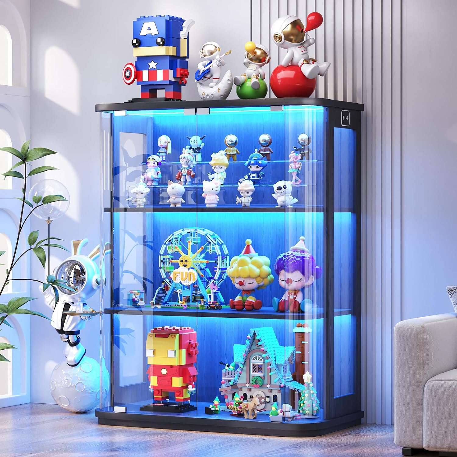 BROTTAR Rounded Display Cabinet with Glass Door, 3-Tier Curio Cabinet with 3 Color Lights for Collectibles, Glass Display Case with Transparent Full-Display Surface, Human Body Sensor, Black