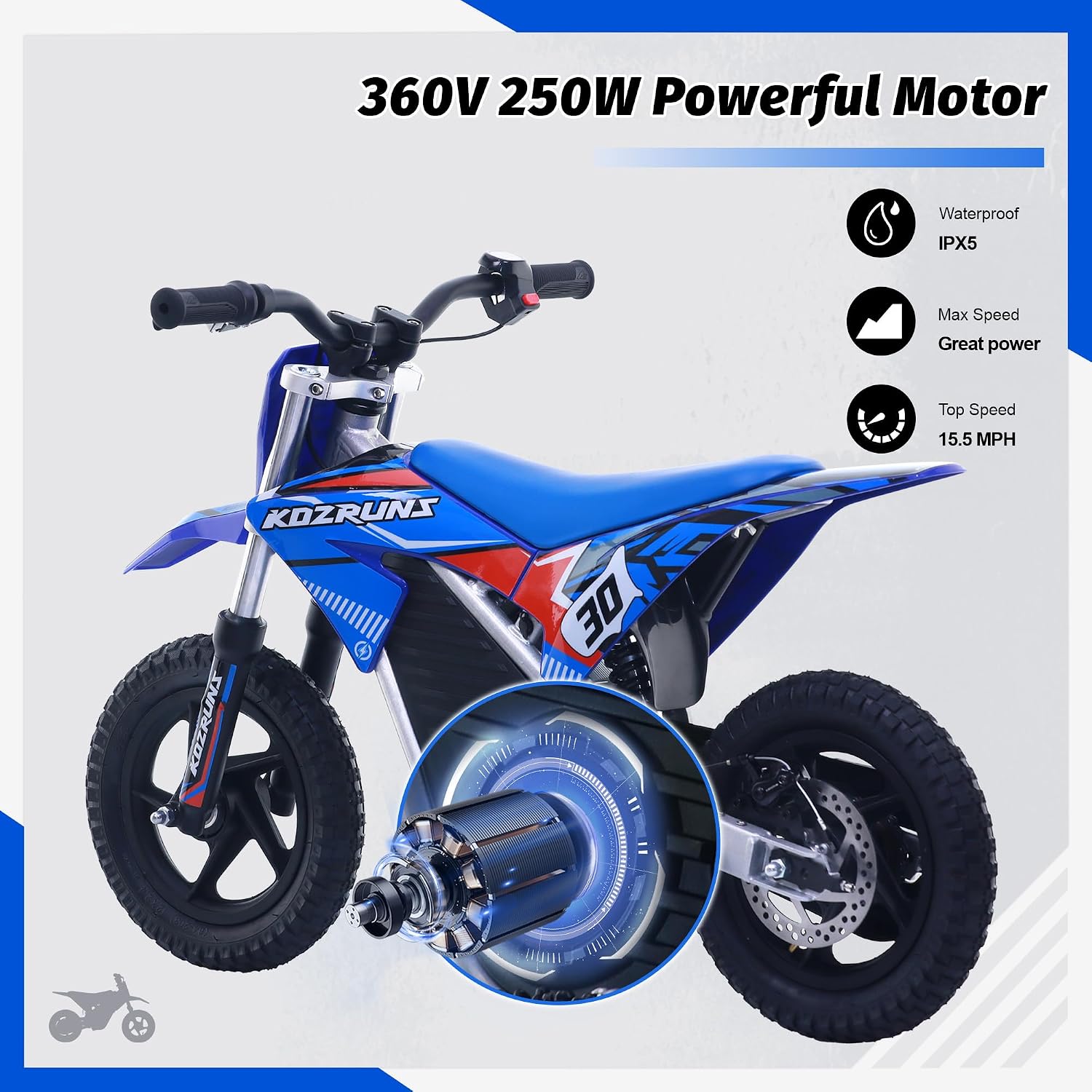 Electric Dirt Bike for Kids 3-8, 250W Powerful High Performance Racing Electric Motorcycle, 3 Speed Settings, Up to 15.5MPH, 12-Inch Off-Road Tires, Rear Disc Brakes & Advanced Suspension