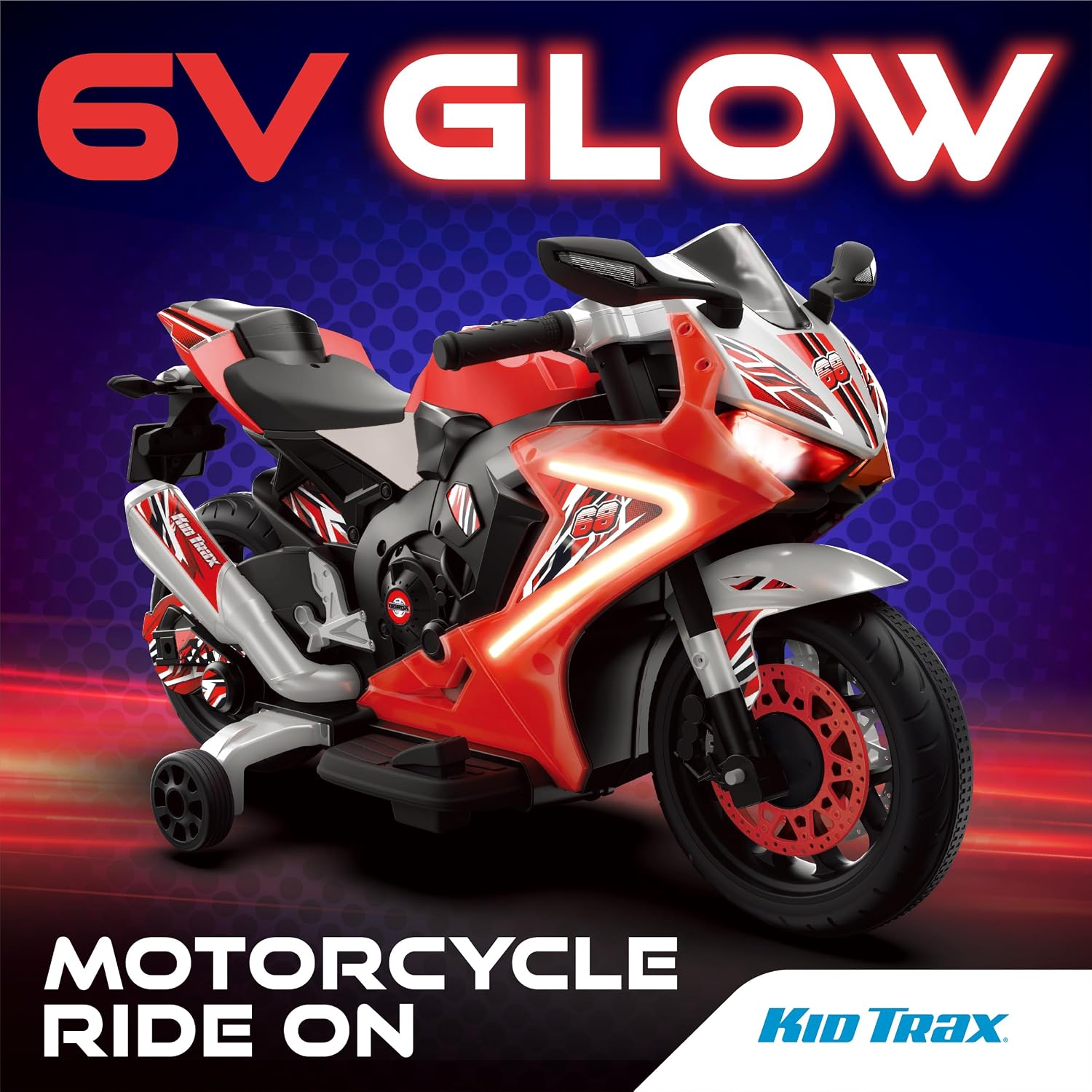 Kid Trax 6V Glow Electric Toddler Kids Motorcycle - Toddler Bike, Indoor/Outdoor Toys, Durable, LED Headlights and Body Light, Realistc Sounds, Kids Ride On Toys, Max Weight 65lbs, Ages 3+, RED