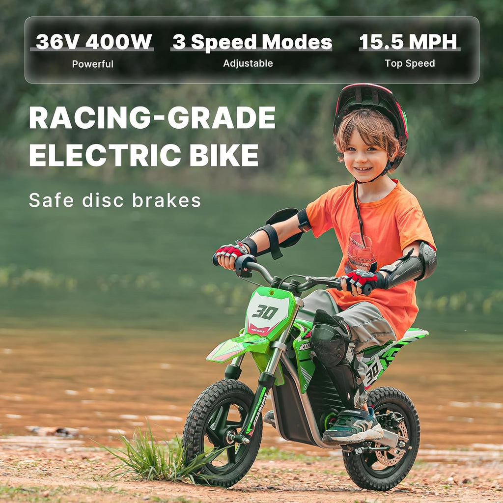 Racing Grade Electric Dirt Bike for Kids, Peak 400W Powerful Motorcycle for Ages 3-6, 36V 5.2Ah Lithium Battery, Dual Shock Absorption, 3 Speed Modes, Safe Disc Brake, 12Inch Off Road Tires, Green