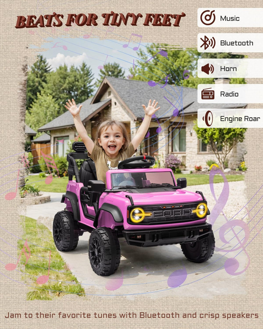 First Ride On 12V Electric Ride on Toys for Toddler, Ford Bronco Raptor Kids Ride on Car with Remote Control, 12 Volt Battery Powered Cars for Children with Smooth Start, Bluetooth (12V, Pink)