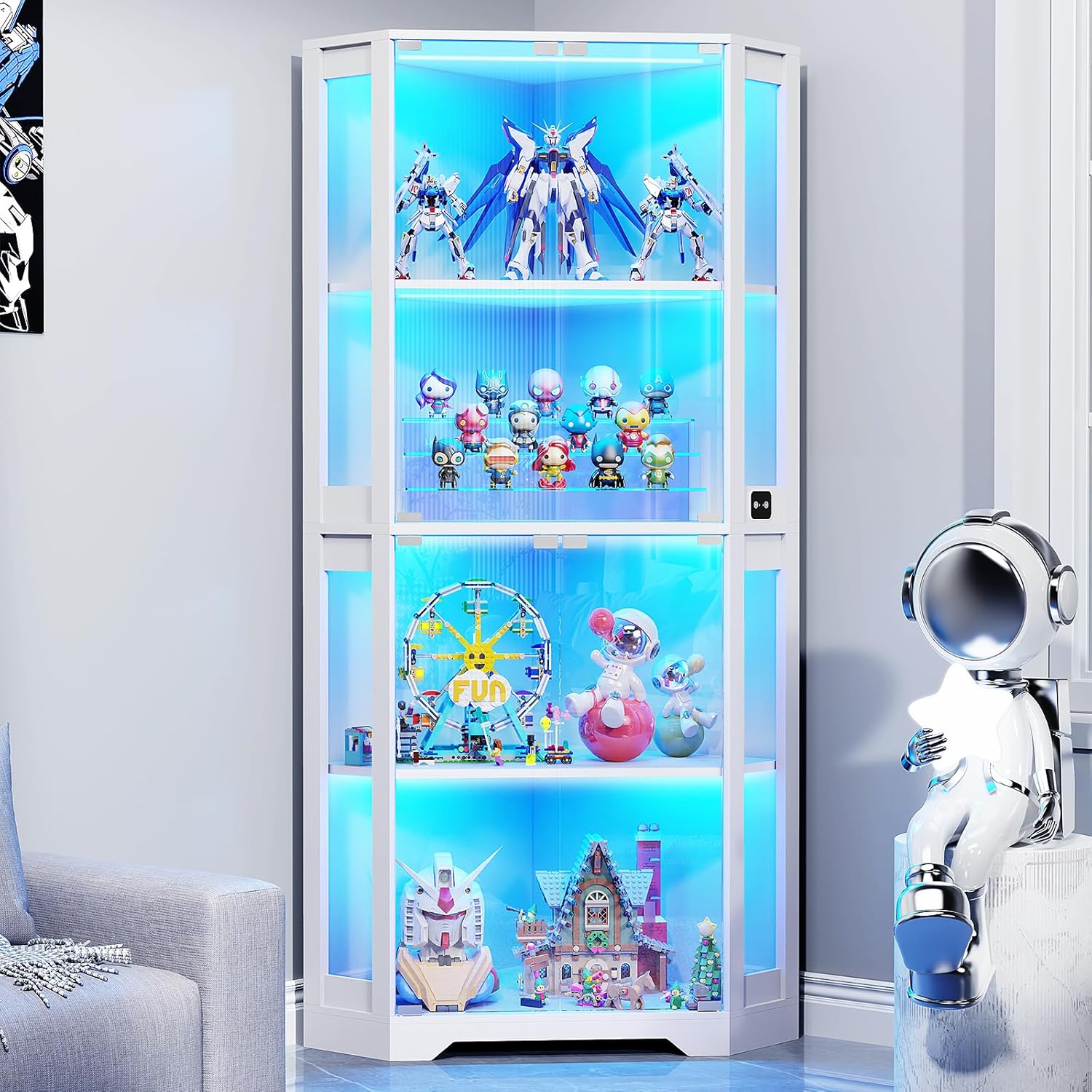 BROTTAR Corner Display Cabinet with Glass Doors, 65' Lighted Curio Display Case with 3 Color Lights for Collectibles, Books, 4-Tier Bookcase with Human Body Sensor, White