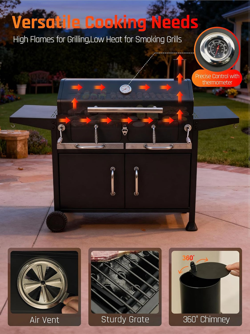 NATURAL EXPRESSIONS Charcoal Grills BBQ grill,36 in Large Smoker Grill with Dual-Zone Lifting Trays,Heavy Duty Charcoal Grill with Foldable Side Tables,Large Outdoor Grill for Backyard,BBQ,Party