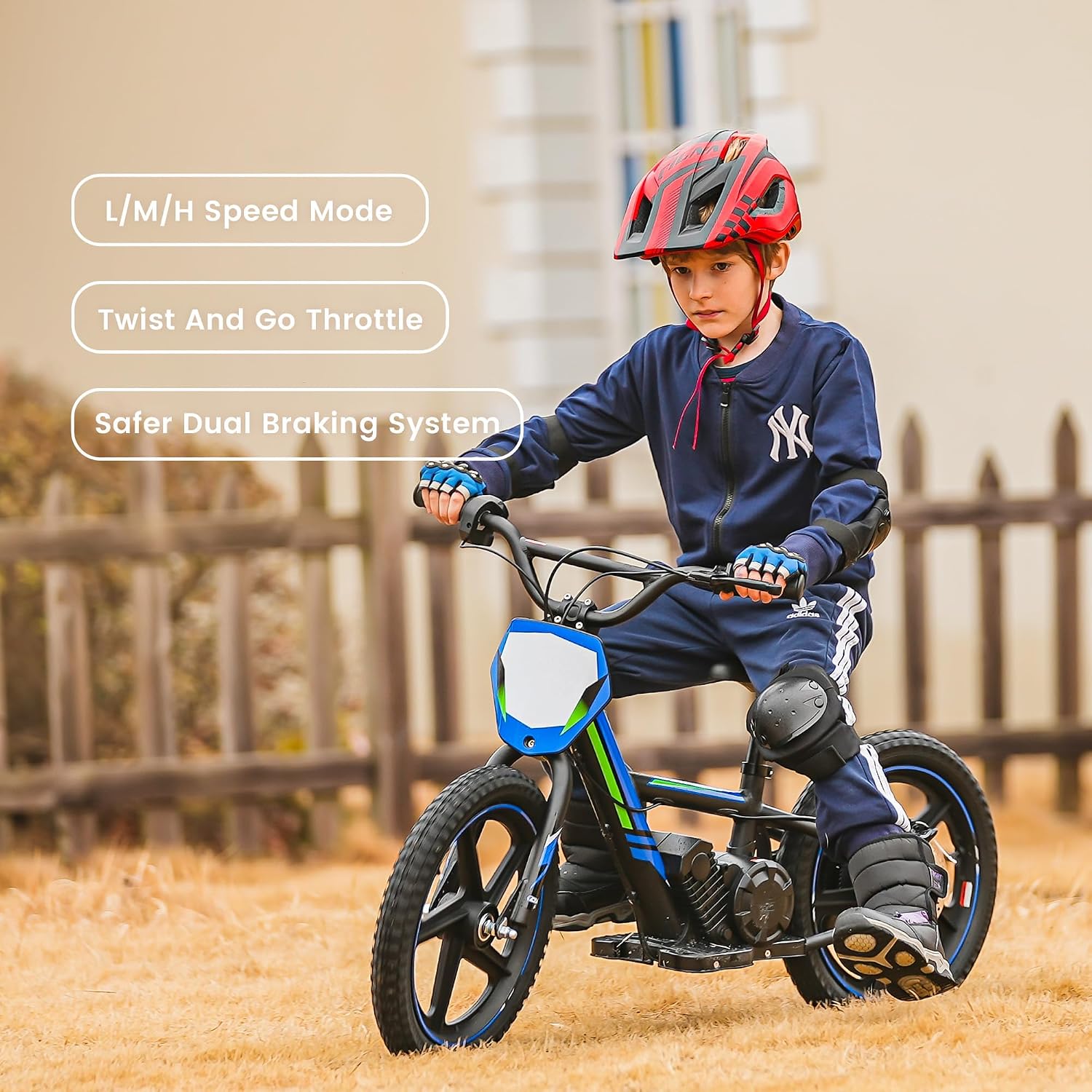 Lightweight Electric Dirt Bike for Kids, 340W Racing Electric Motorcycle, 24V Detachable Battery, Brushless Motor, Safe 3 Speed Modes, Mini Motocross Bike 16' Off Road Tires, Fit Age 5-12 Blue