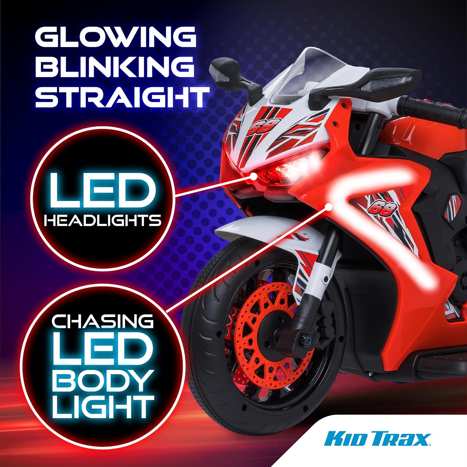 Kid Trax 6V Glow Electric Toddler Kids Motorcycle - Toddler Bike, Indoor/Outdoor Toys, Durable, LED Headlights and Body Light, Realistc Sounds, Kids Ride On Toys, Max Weight 65lbs, Ages 3+, RED