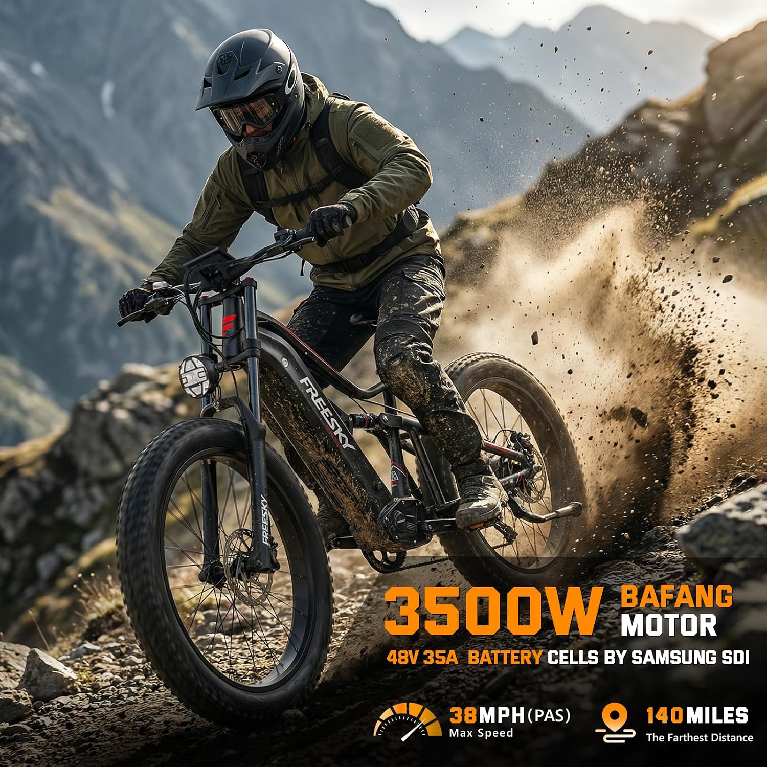 FREESKY 3500W BAFANG Motor Electric Bike for Adults, 48V 35Ah Samsung Cells Battery Ebike 140 Miles, 38+MPH, 26' Fat Tire Dirt All-Terrain Mountain E Bike, Full Suspension, UL 2849 Certified by TÜV