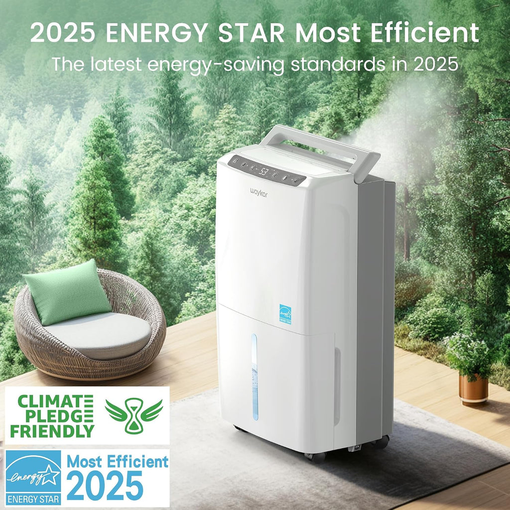Waykar 34 Pints 2025 Most Efficient Energy Star Dehumidifier for up to 2200 Sq. Ft. for Home and Basement with Auto or Manual Drainage, Quiet 33dB Operation, 0.6 Gal Tank
