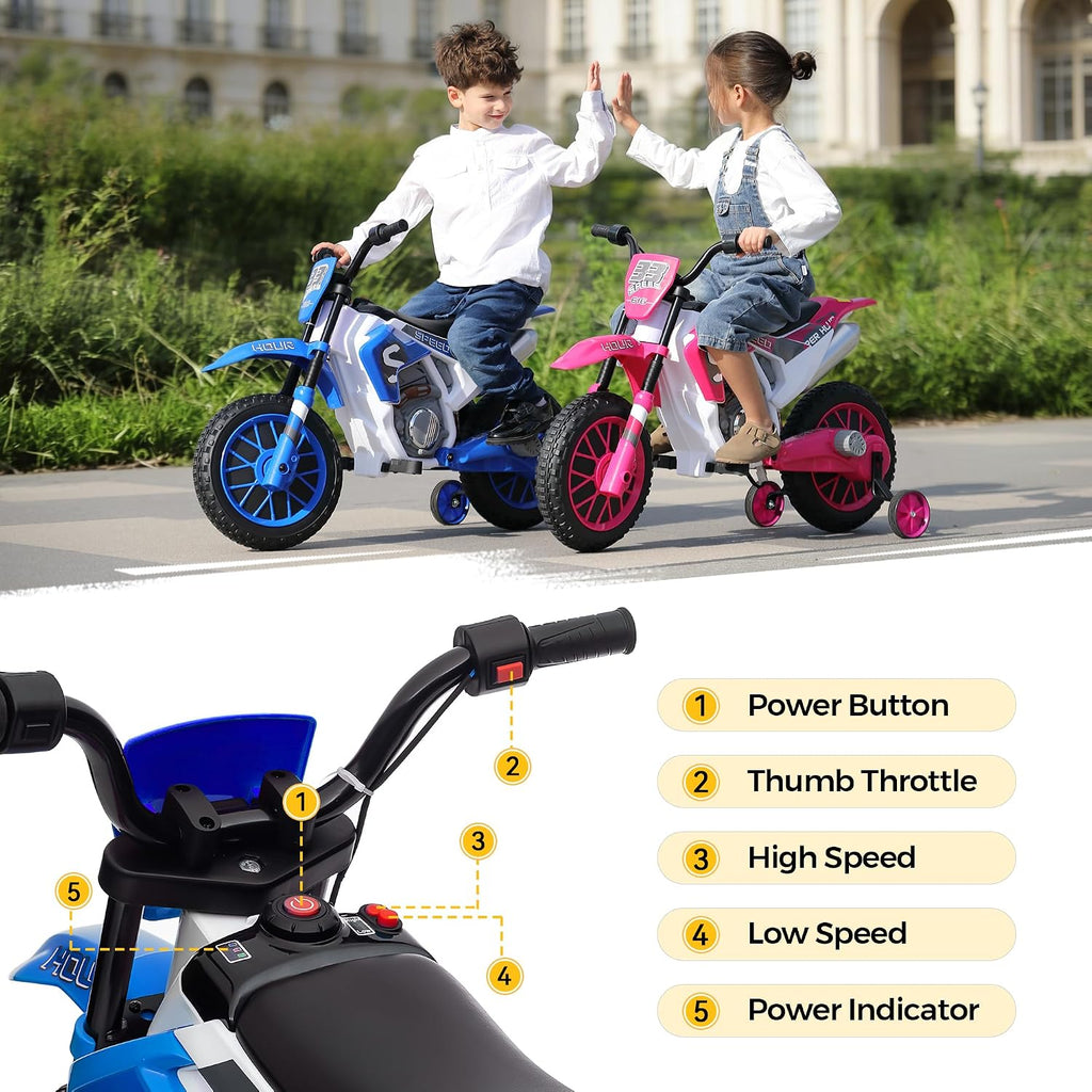 TOBBI Kids Motorcycle Dirt Bike 12V Electric Motorcycles Ride on Toys Battery Powered Motorbike Off-Road Motocross for Toddler Boys Girls 3-8 Years w/ 2 Speeds, 35W Dual Motors, Training Wheels, Blue
