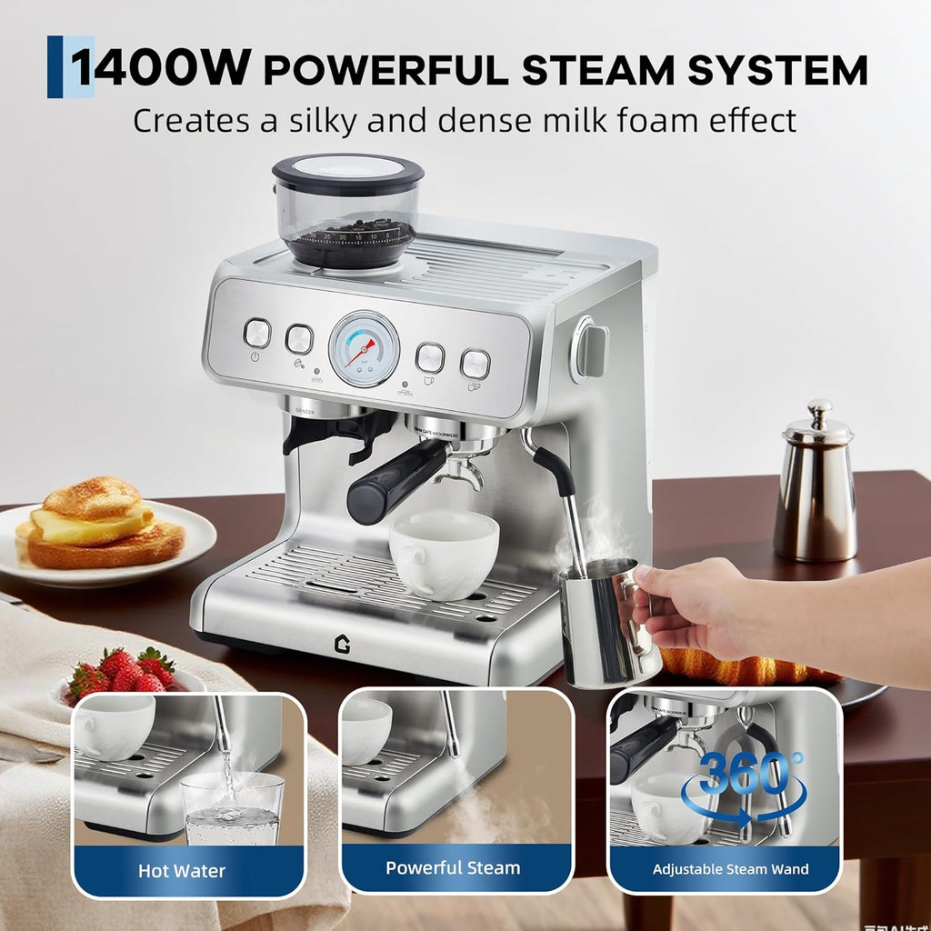 Garvee Stainless Steel Espresso Machine with Grinder & 20 Bar Pressure, 2.8L Removable Water Tank, Milk Frother Steam Wand for Latte/Cappuccino - Adjustable Shot Volume, Professional Home/Office Use