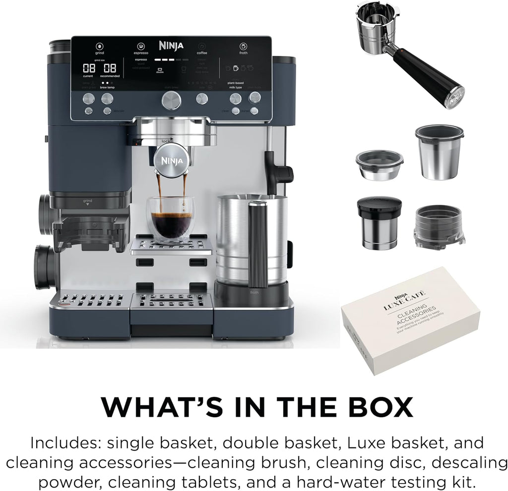 Ninja Luxe Café Premier 3-in-1 Espresso Machine, Drip Coffee, & Rapid Cold Brew | Built-in Coffee Grinder, Hands-Free Milk Frother, Assisted Tamper for Cappuccinos & Lattes | Cyberspace | ES601CY
