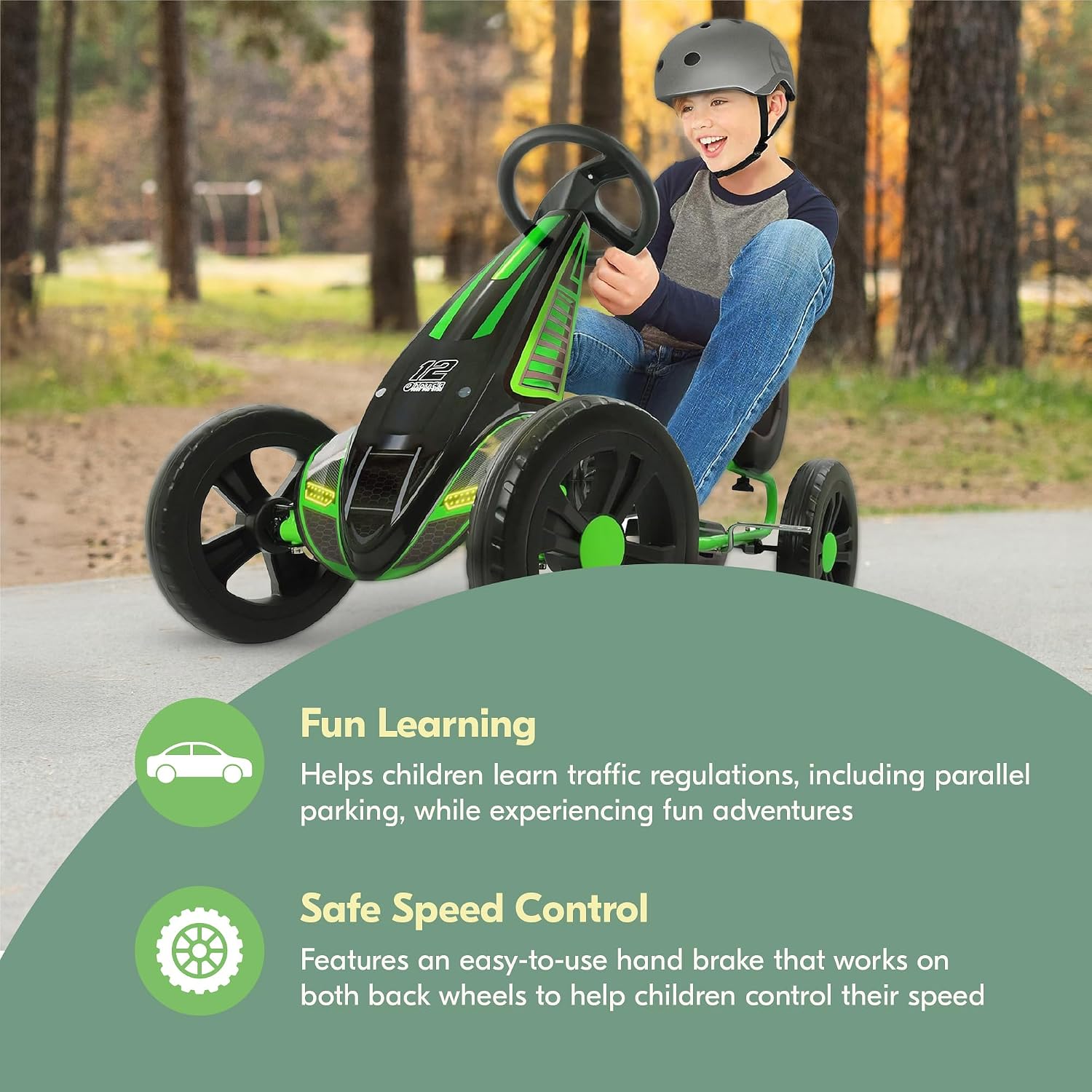 hauck Cyclone Junior Racing Go Kart with 12 Inch Rims, Race Style Pedals, and 8 Ball Brake, Lime Green - Ride On Toy for Kids Ages 4 to 8 Years