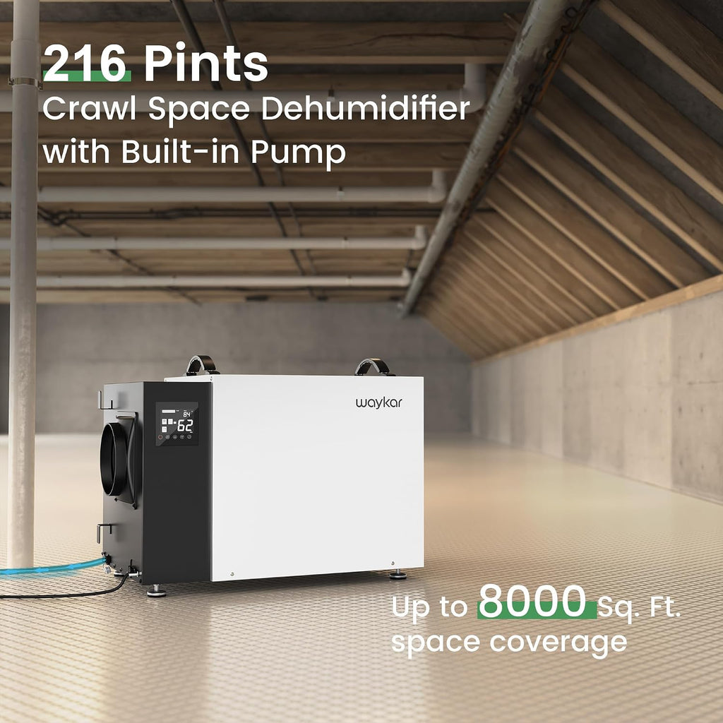 Waykar 216 Pint Crawl Space Dehumidifier with Pump & Drain Hose for Basements, Commercial & Water Damage Spaces up to 8000 Sq. Ft., Compact, Strong Dehumidification, 5-Year Quality Coverage