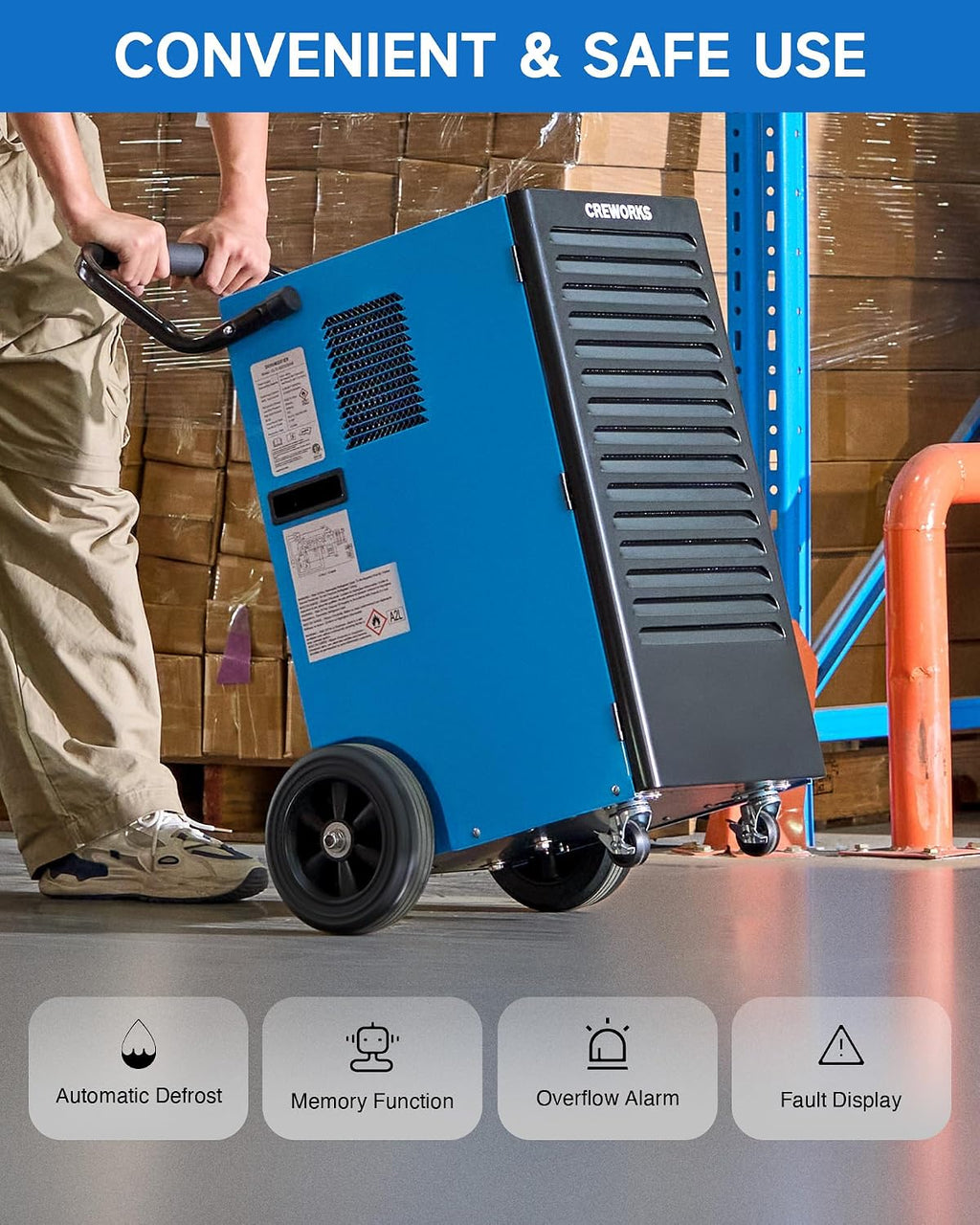 CREWORKS 180 PPD Commercial Dehumidifier, 180 Pint Dehumidifier for Basement with Wheels Drain Hose, Portable Professional Basement Dehumidification with Auto Defrost Display Panel