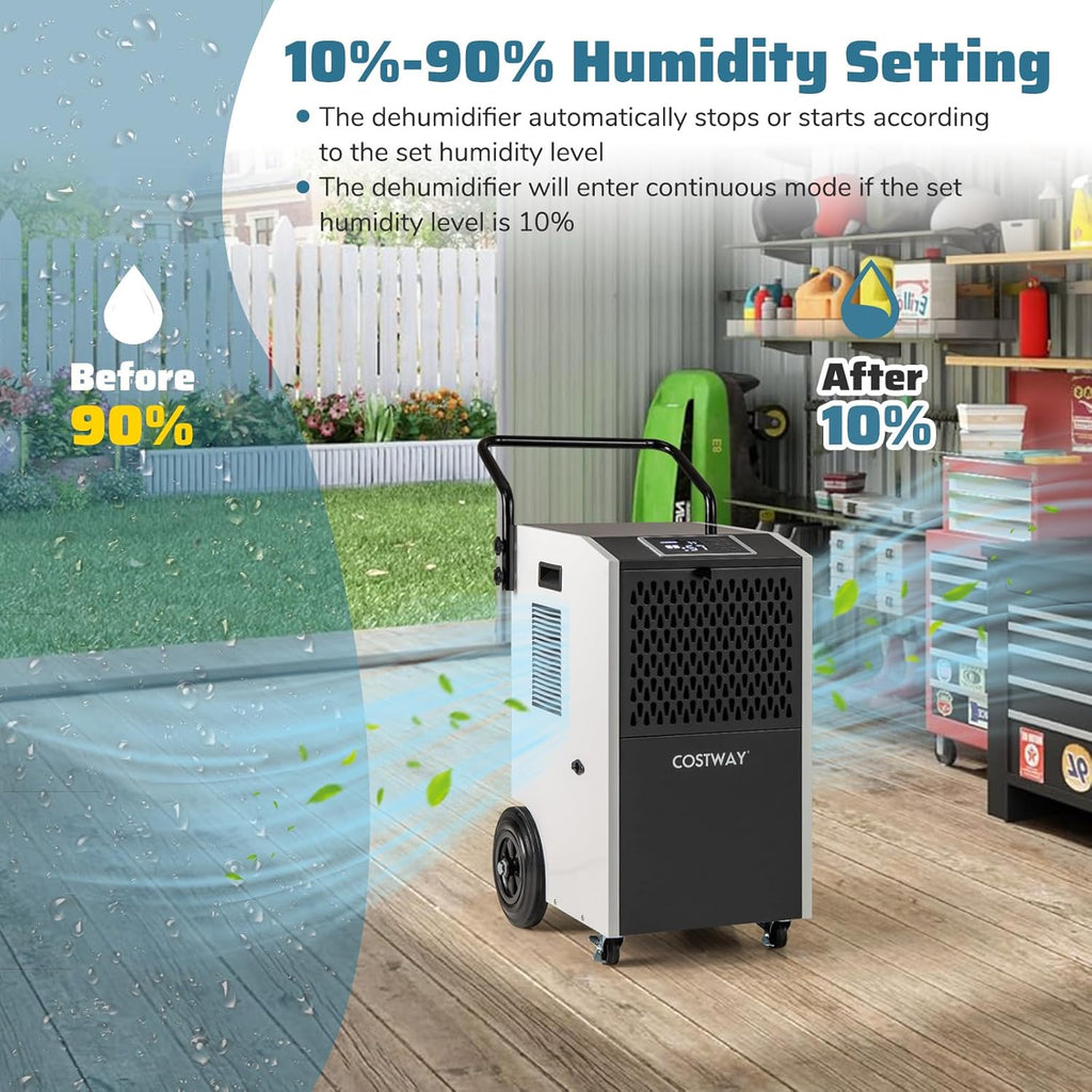 COSTWAY 154 Pints Commercial Dehumidifier with Pump, Portable Industrial Heavy Duty Large Dehumidifier with Drain Hoses for Basements, Job Sites (White)