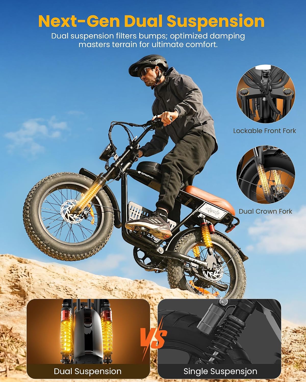 Electric Bike Adults 1000/1500W Ebike28/35MPH, 55-85 Miles Electric Motorcycle with 13/20AH Battery, 20' Fat Tire Electric Dirt Bike 7-Speed E-Bike Full Suspension, GPS Location (iOS Compatible)