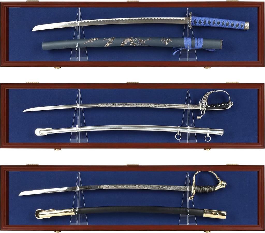 Sword Display Case Cabinet Stand Holder Wall Rack Holds Military Saber or Samurai Sword Lockable UV Protection Door Blue Felt Inside (Mahogany Finish Frame)