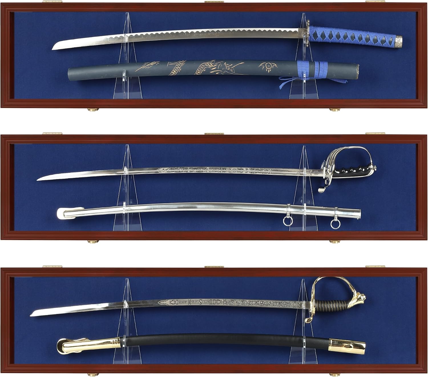 Sword Display Case Cabinet Stand Holder Wall Rack Holds Military Saber or Samurai Sword Lockable UV Protection Door Blue Felt Inside (Mahogany Finish Frame)